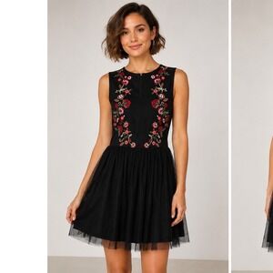 Xhilaration Black Floral Embroidered Tulle Skater Dress Rose Gold Zip Medium